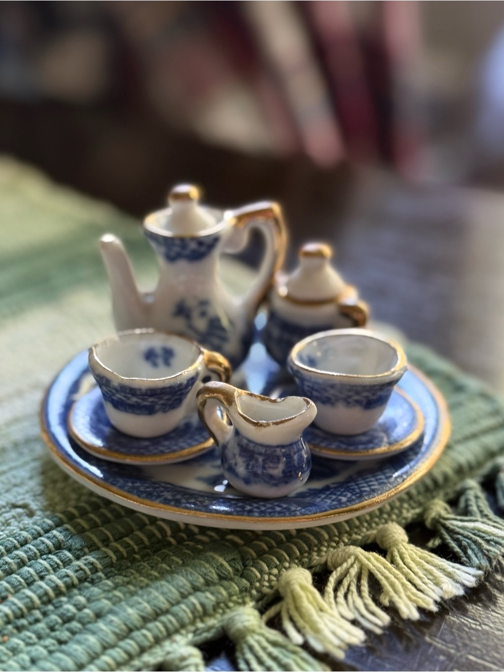 Blue & White Miniature Porcelain Tea Set with Gold Trim